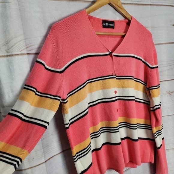 Sag Harbor Cardigan Womens XL Pink Striped V-Neck Knit Button Sweater Y2K 90s - Picture 3 of 7